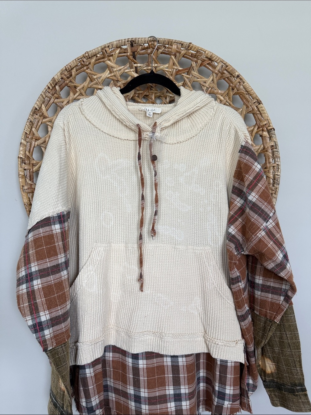 Oli & Hali Cream Knit Hoodie with Brown Plaid Accents